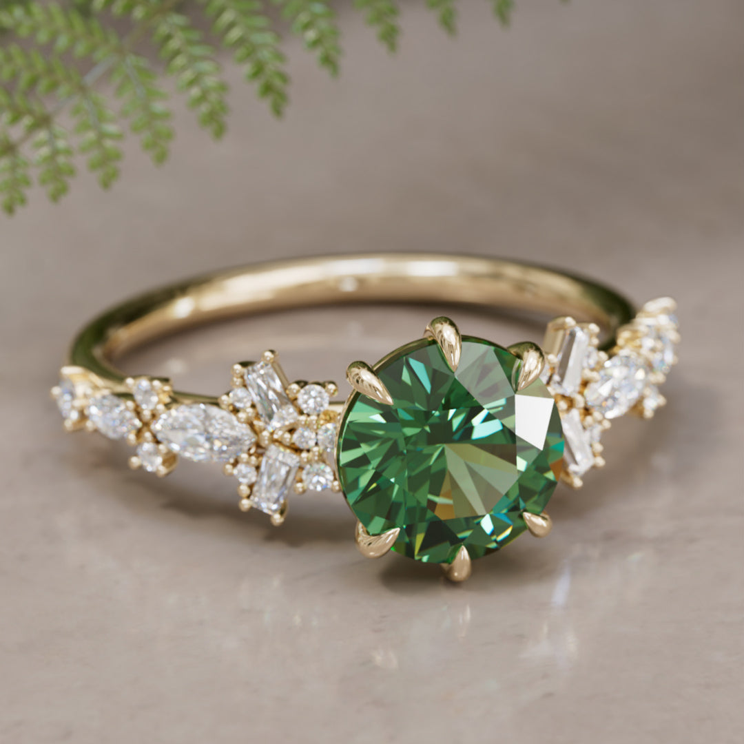 Philomena Round Green Sapphire Unique Engagement Ring Nature Inspired