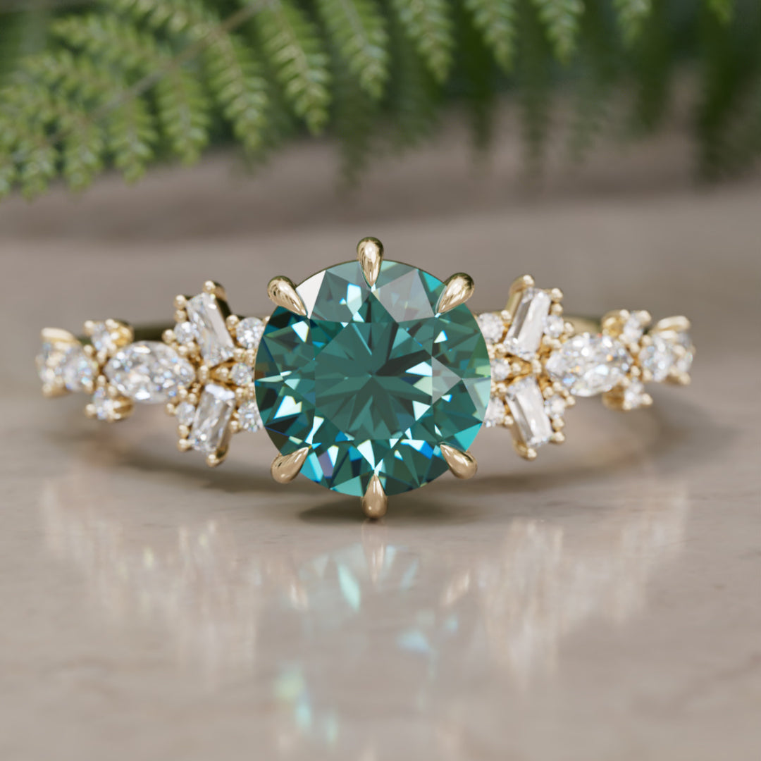 Philomena Round Teal Sapphire Unique Engagement Ring Nature Inspired