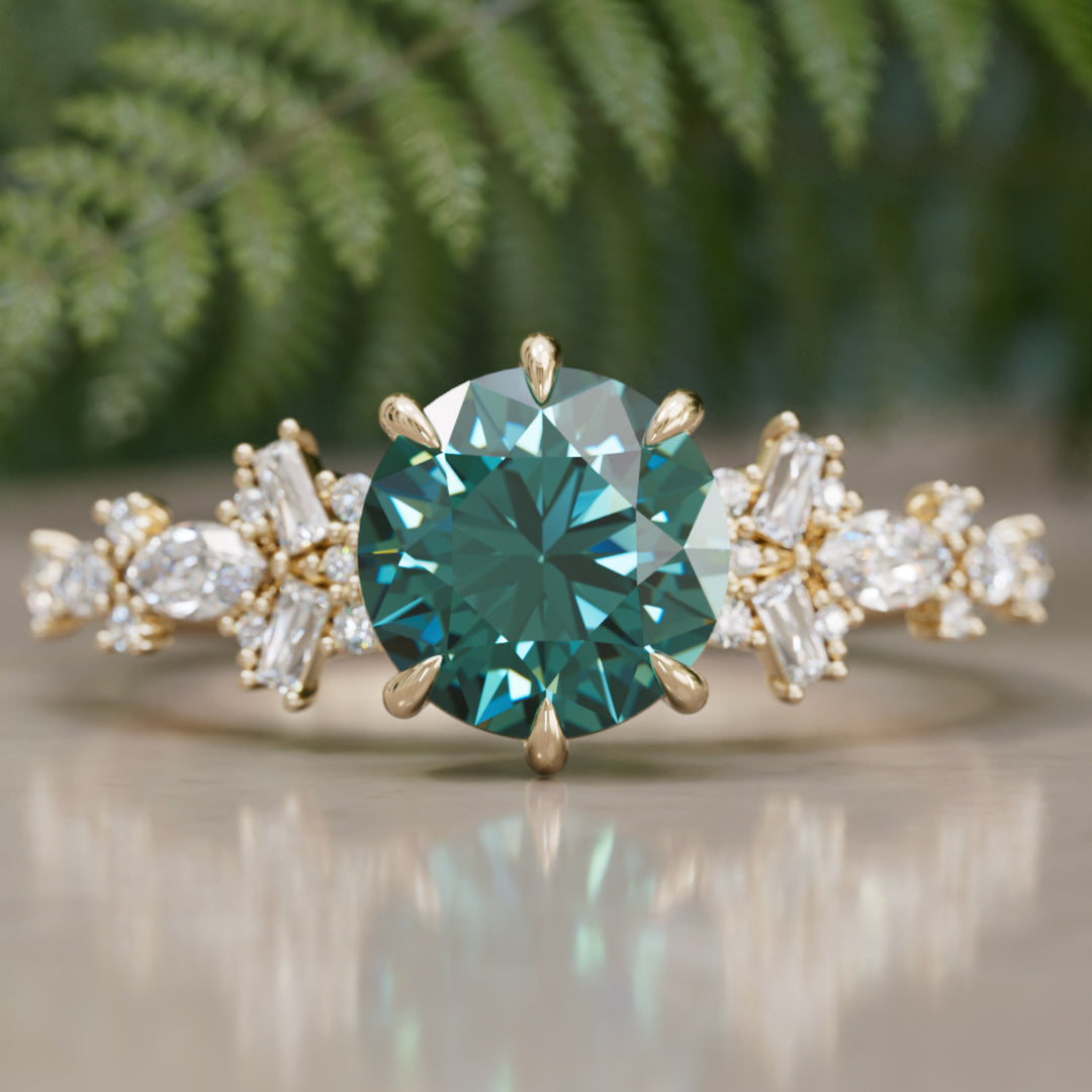 Philomena Round Teal Sapphire Unique Engagement Ring Nature Inspired
