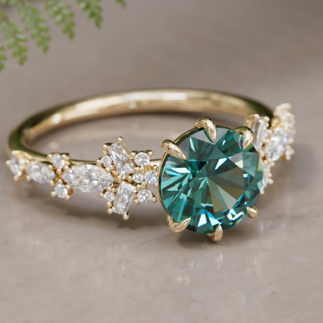 Philomena Round Teal Sapphire Unique Engagement Ring Nature Inspired