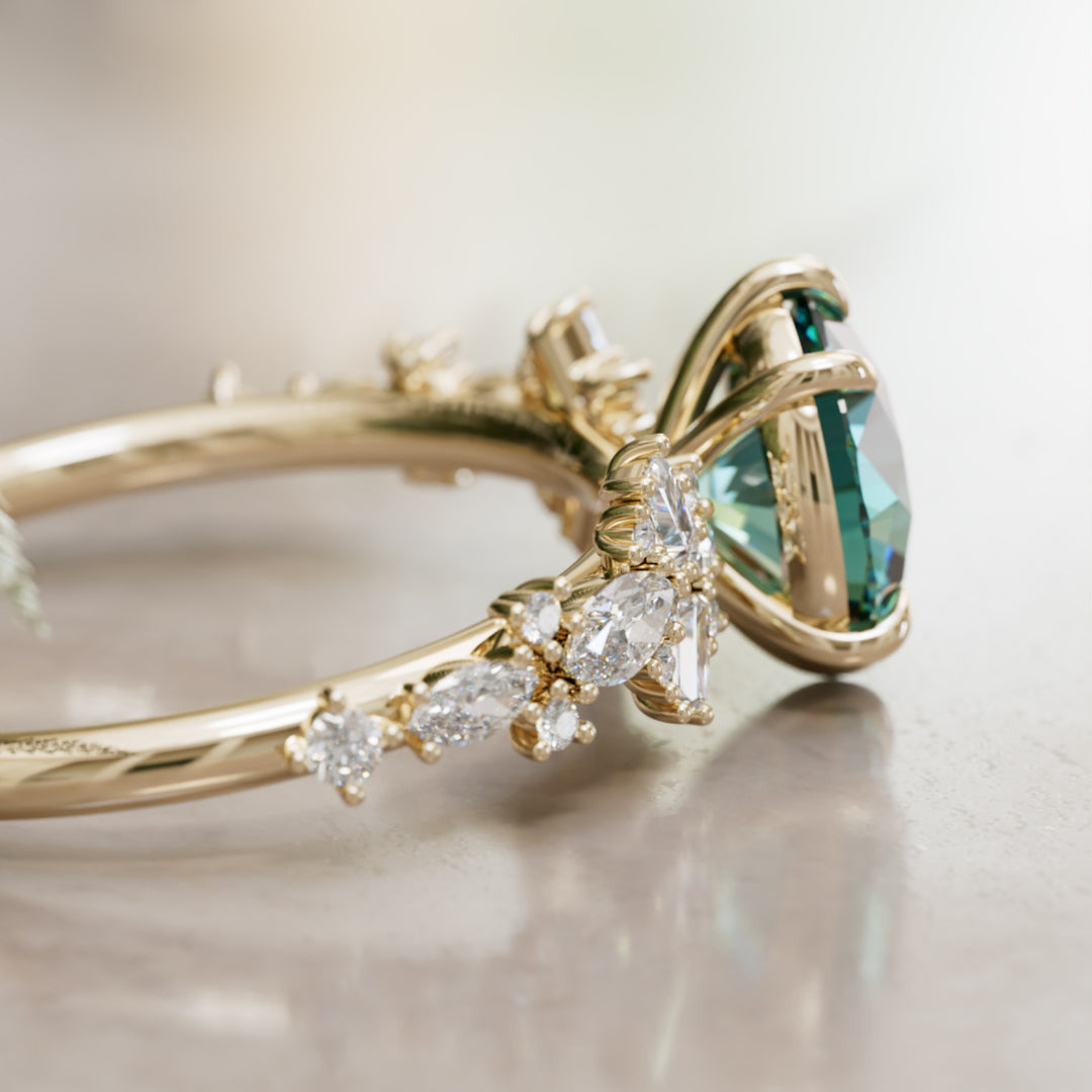 Philomena Round Teal Sapphire Unique Engagement Ring Nature Inspired