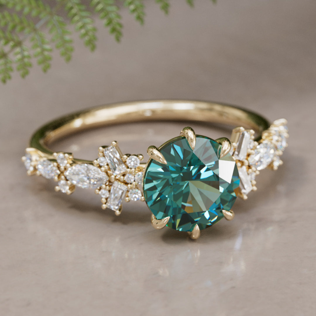 Philomena Round Teal Sapphire Unique Engagement Ring Nature Inspired