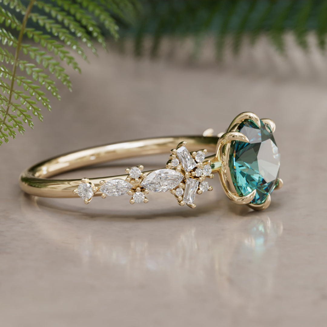Philomena Round Teal Sapphire Unique Engagement Ring Nature Inspired