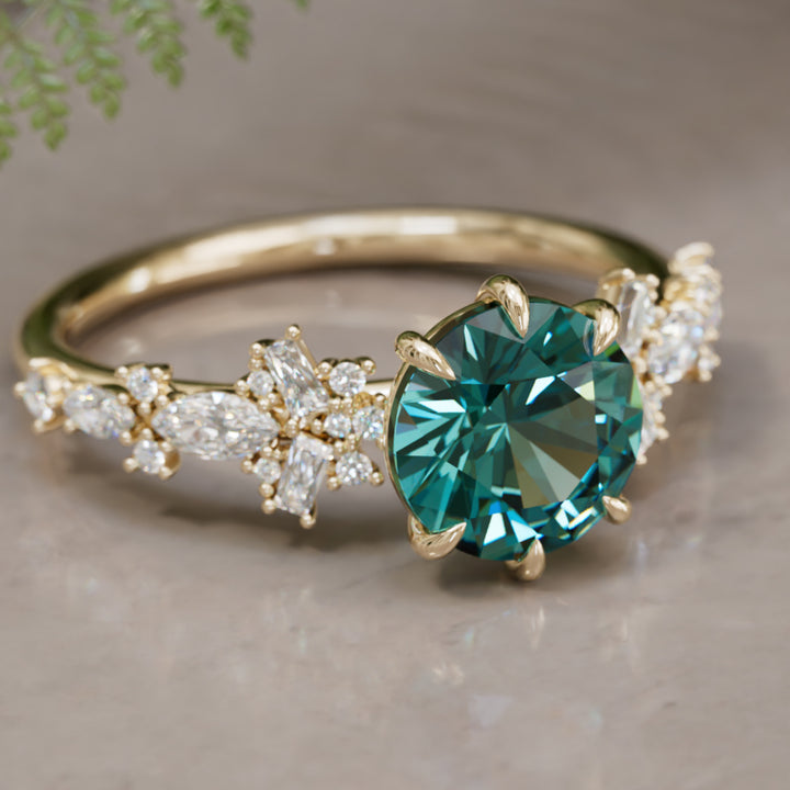 Philomena Round Teal Sapphire Unique Engagement Ring Nature Inspired