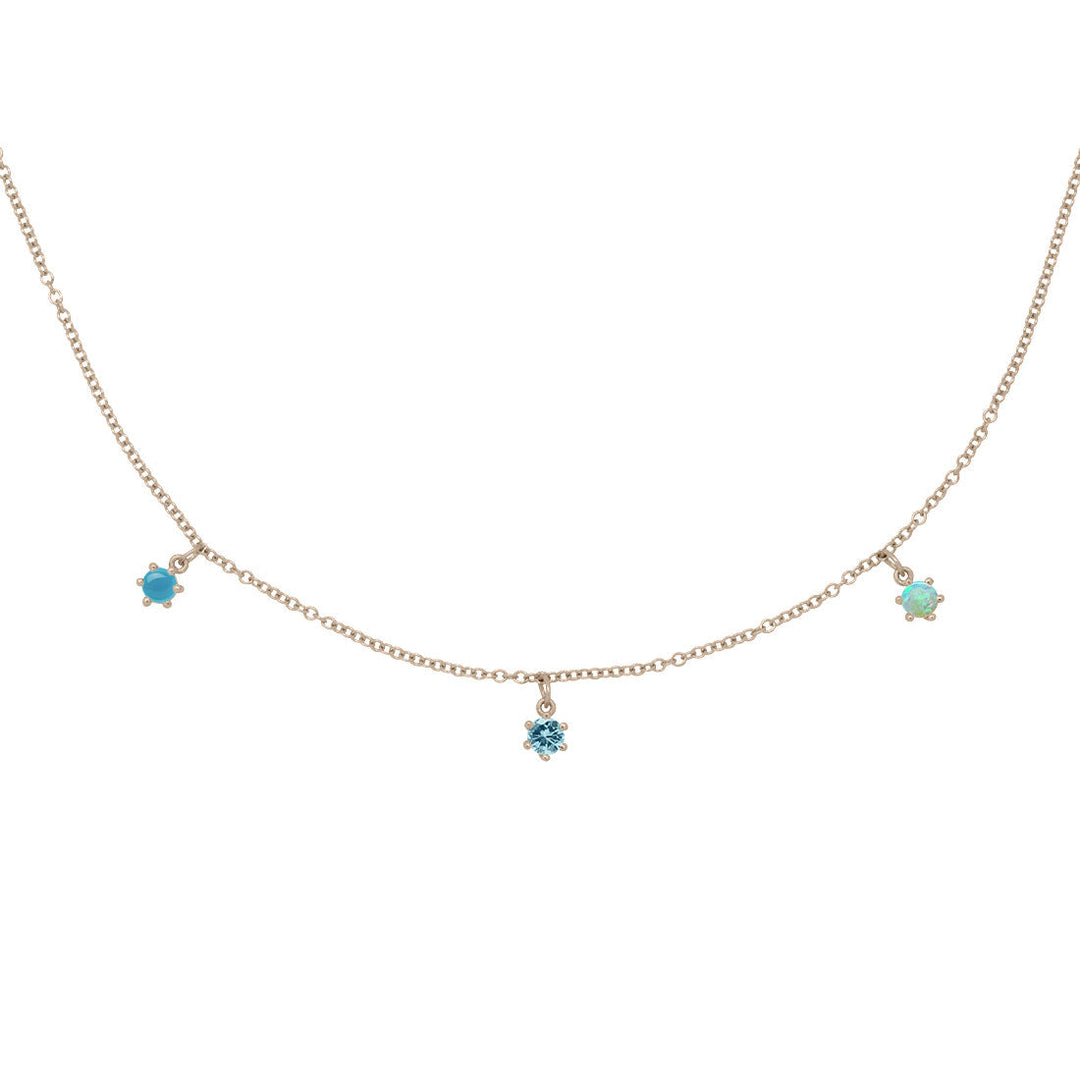 Pisces Zodiac Gold Fringe Necklace with Aquamarine, Turquoise & Opal 16" Chain By Valley Rose Ethical Jewelry