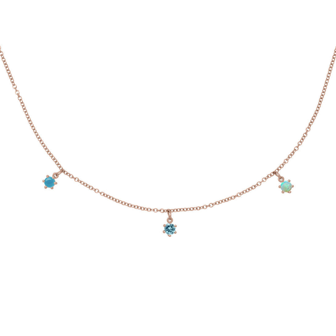 Pisces Zodiac Gold Fringe Necklace with Aquamarine, Turquoise & Opal 16" Chain By Valley Rose Ethical Jewelry