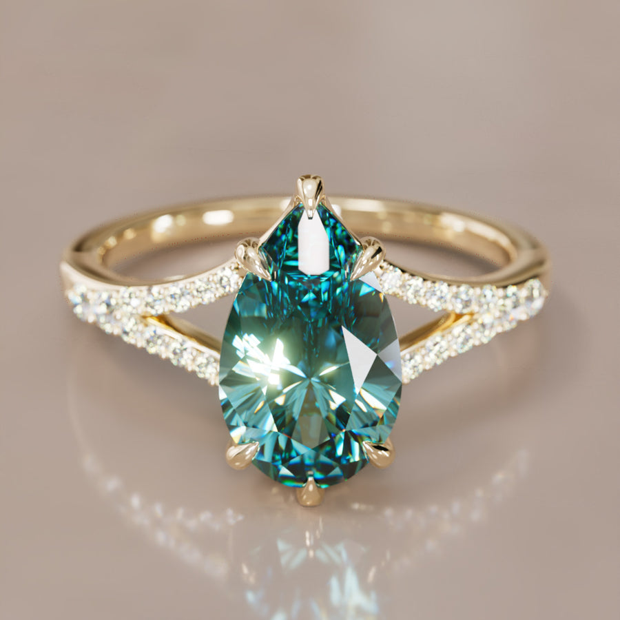 Unique Split Shank Engagement Ring with Pear Teal Sapphire By Valley Rose