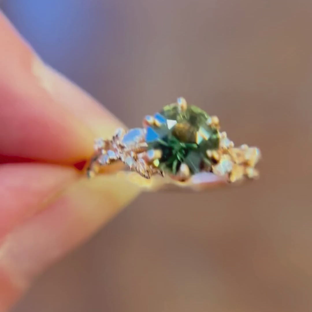 Rosewood Round Green Sapphire Engagement Flower Ring Nature Inspired (Setting Only)