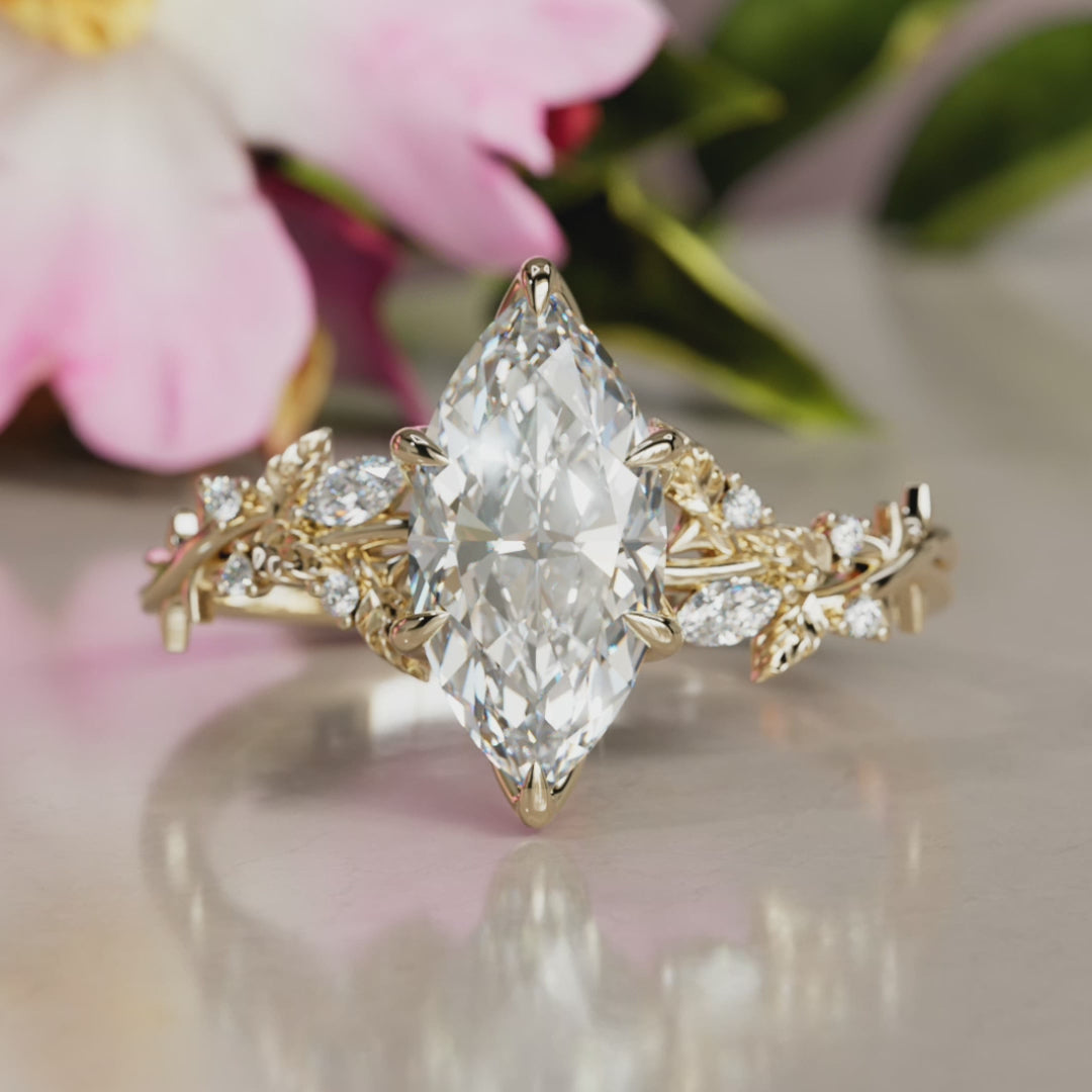 Rosewood Marquise Lab Diamond Engagement Flower Ring Nature Inspired