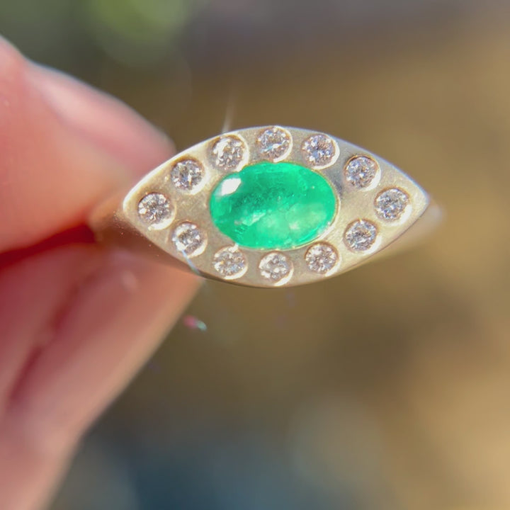 Emerald Signet Ring Eye Shaped in Gold with Diamonds By Valley Rose Ethical Jewelry