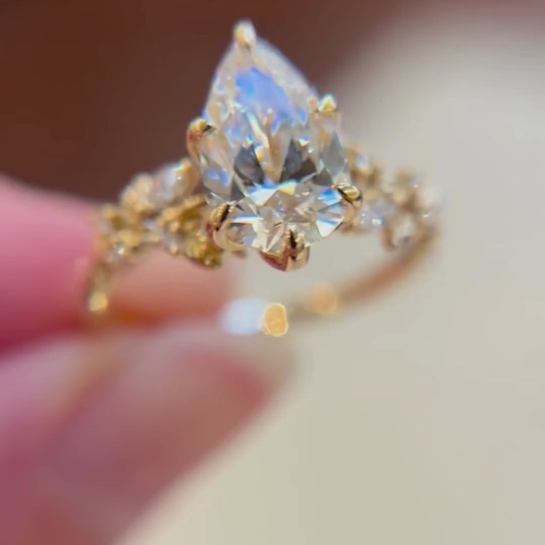 Rosewood Pear Lab Diamond Engagement Flower Ring Nature Inspired (Setting Only)