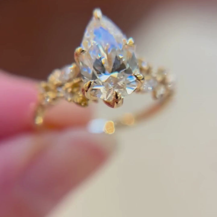 Rosewood Pear Lab Diamond Engagement Flower Ring Nature Inspired (Setting Only)
