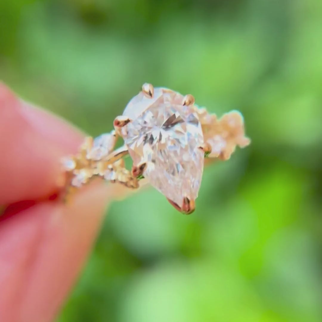 Rosewood Pear Lab Diamond Engagement Flower Ring Nature Inspired (Setting Only)