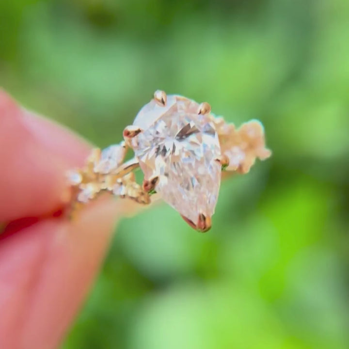 Rosewood Pear Lab Diamond Engagement Flower Ring Nature Inspired (Setting Only)