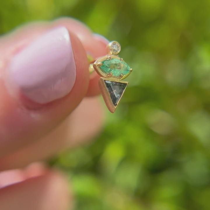 Unique Geometric Emerald Sapphire Gold Stud Earrings