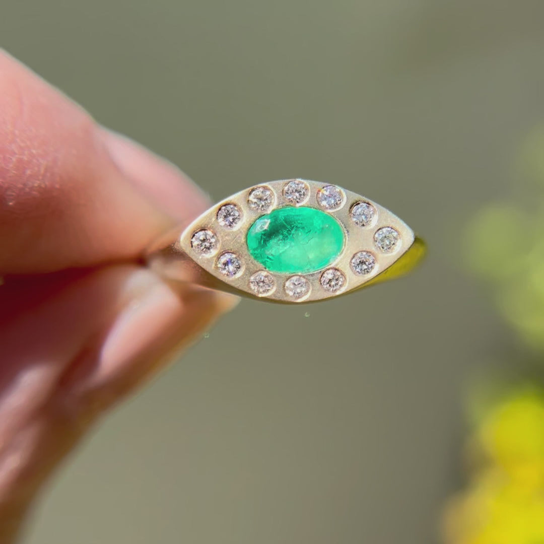Emerald Signet Ring Eye Shaped in Gold with Diamonds By Valley Rose Ethical Jewelry