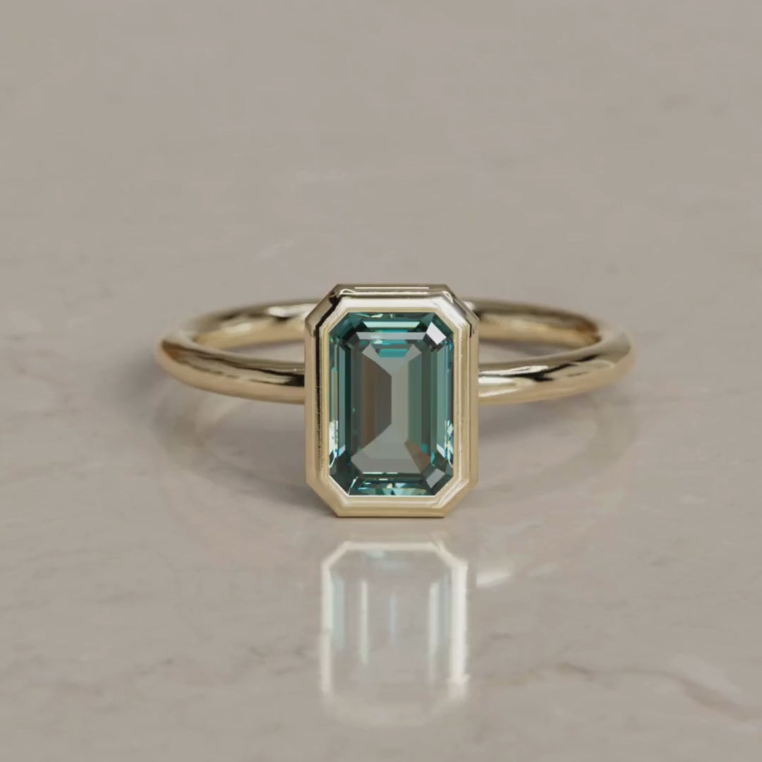 Lexie smaragdový výbrus tyrkysový zafír moderný jedinečný obruba zásnubný prsteň (len osadenie)