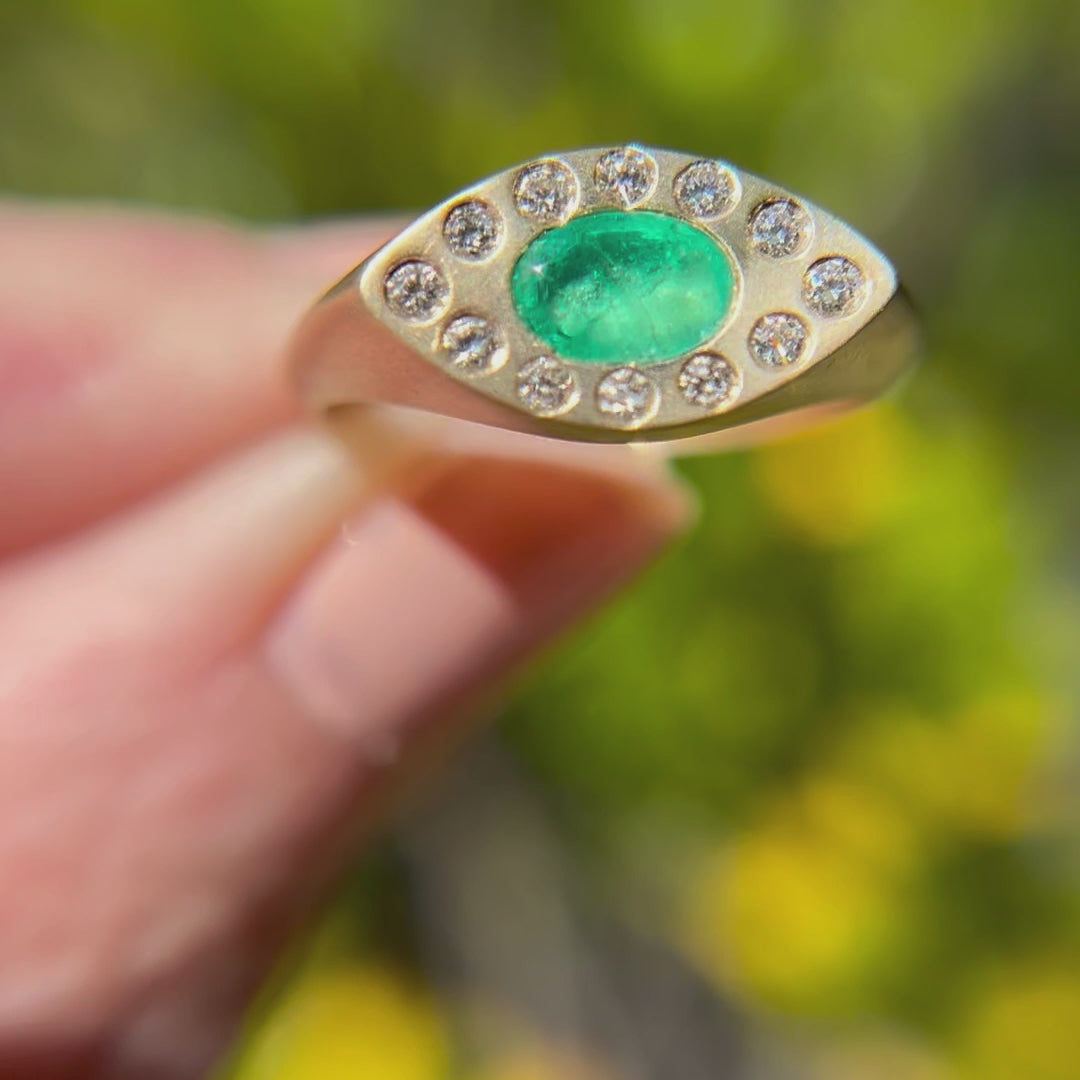 Emerald Signet Ring Eye Shaped in Gold with Diamonds By Valley Rose Ethical Jewelry