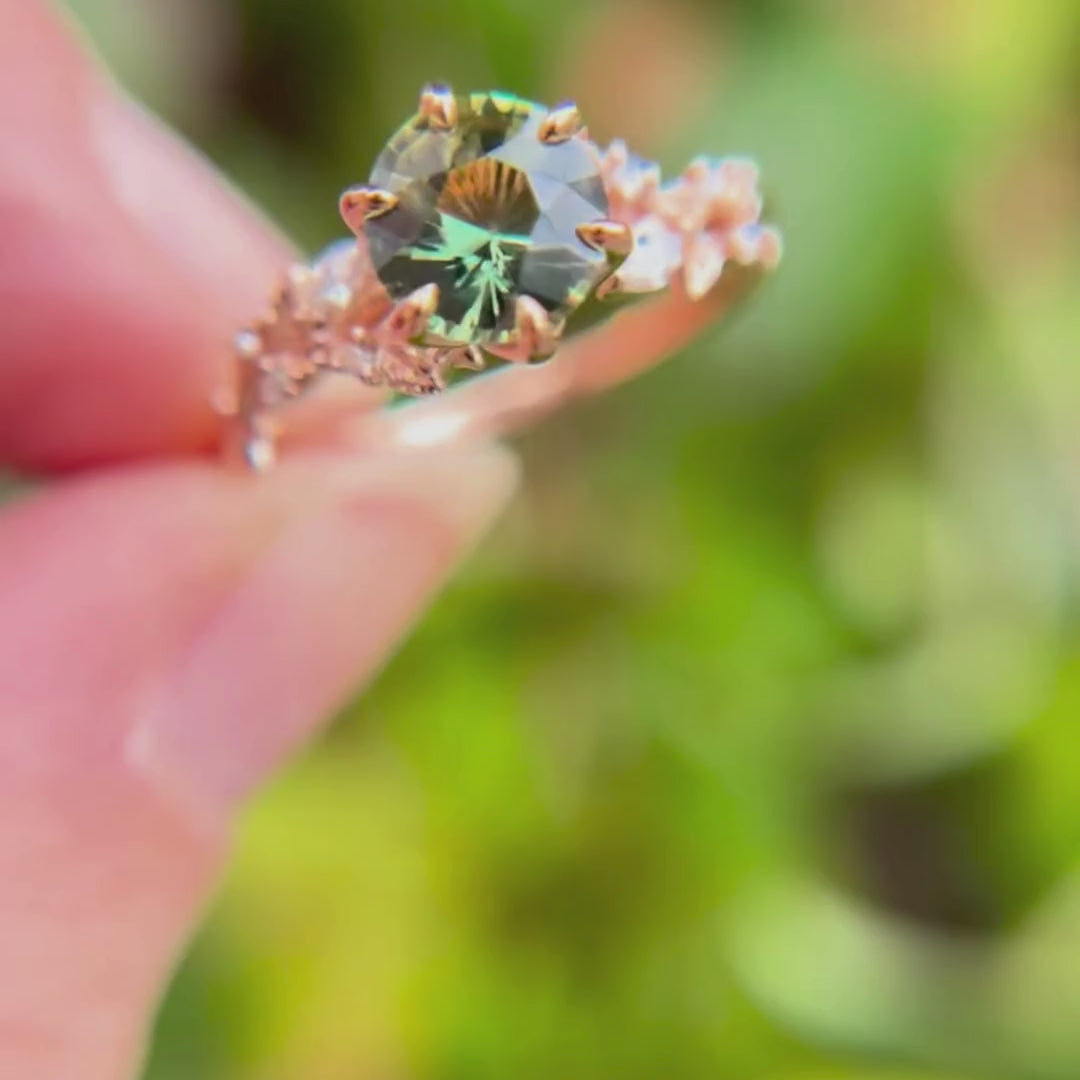 Rosewood Round Green Sapphire Engagement Flower Ring Nature Inspired (Setting Only)