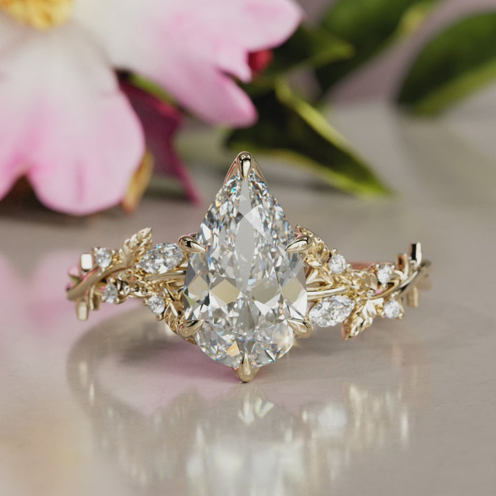 Rosewood Pear Lab Diamond Engagement Flower Ring Nature Inspired