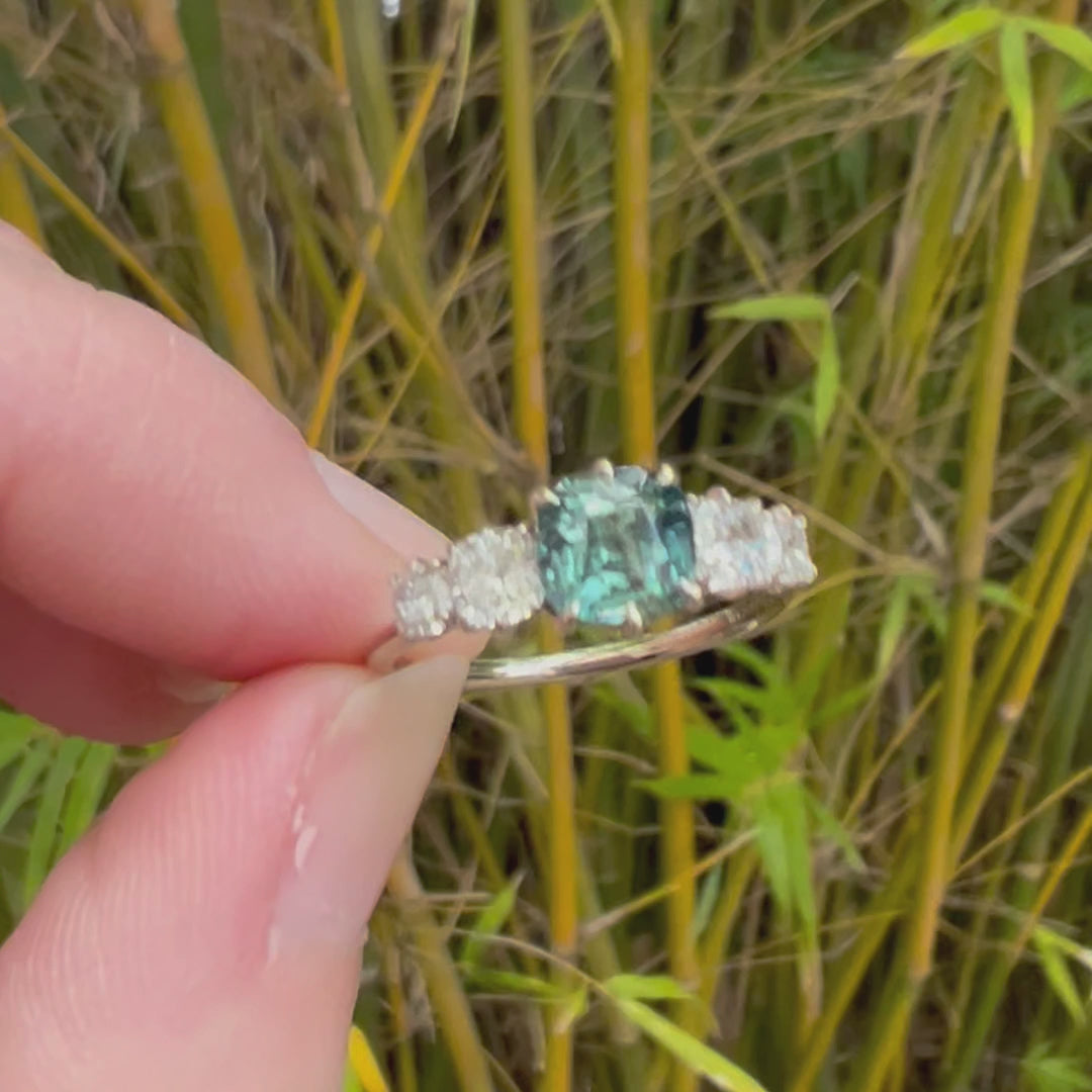 Green Sapphire Engagement Ring Cushion Cut Diamonds