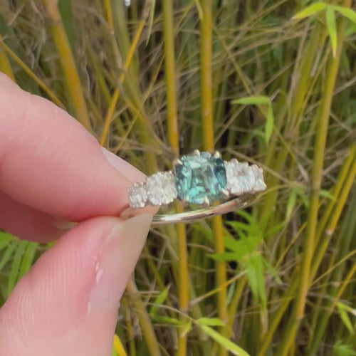 Green Sapphire Engagement Ring Cushion Cut Diamonds