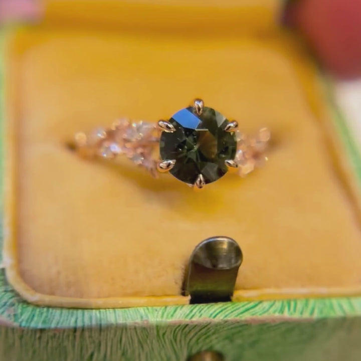 Rosewood Round Green Sapphire Engagement Flower Ring Nature Inspired (Setting Only)