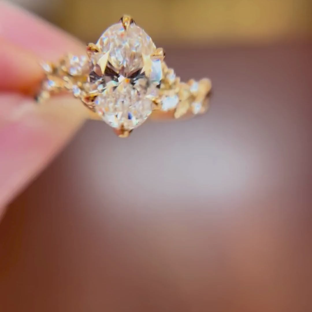 Rosewood Oval Lab Diamond Engagement Flower Ring Nature Inspired (Setting Only)