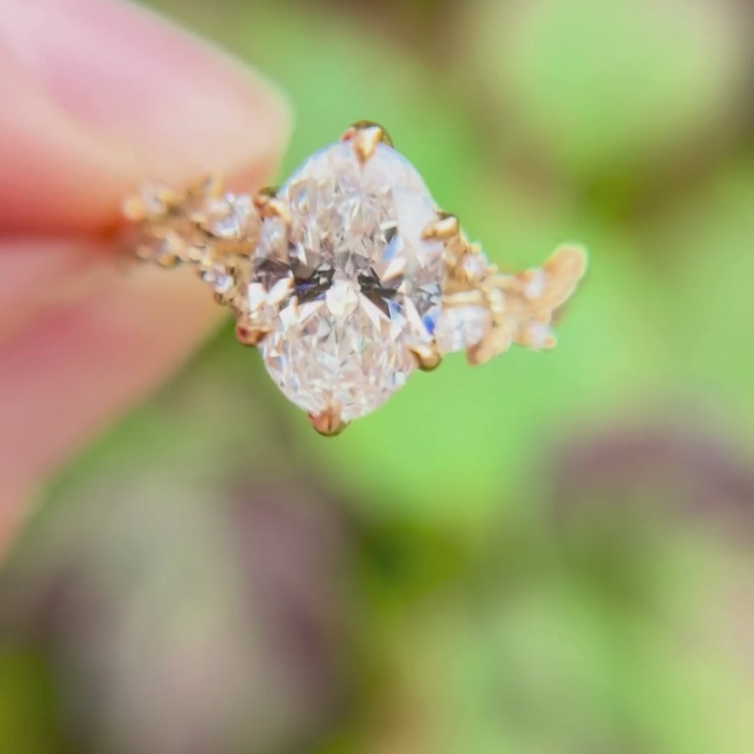 Rosewood Oval Lab Diamond Engagement Flower Ring Nature Inspired (Setting Only)