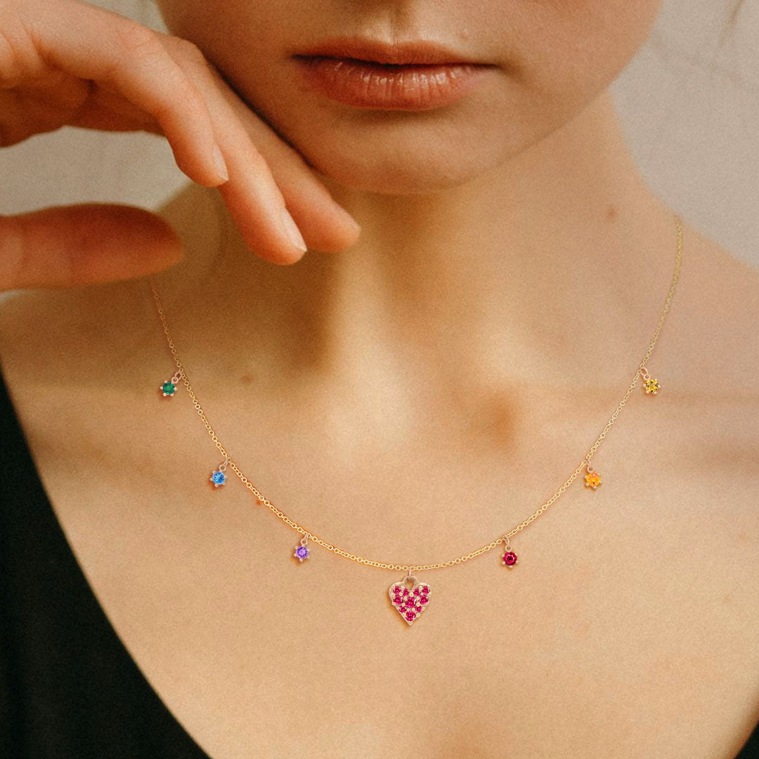 Rainbow Gemstone Ruby Heart Charm Gold Fringe Necklace By Valley Rose Ethical Jewelry