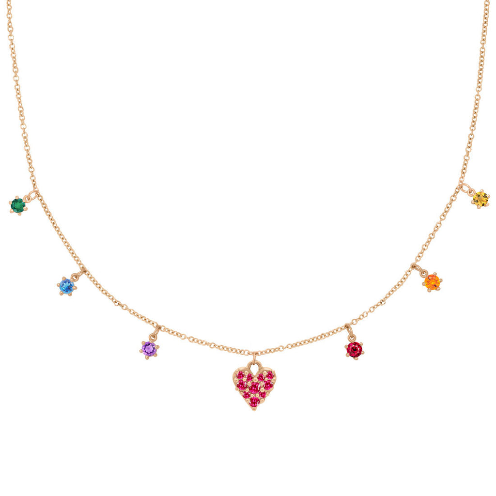 Rainbow Gemstone Ruby Heart Charm Gold Fringe Necklace By Valley Rose Ethical Jewelry