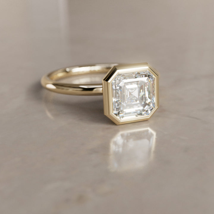 Unique Asscher Cut Lab Created Diamond Engagement Ring with Bezel Setting By Valley Rose