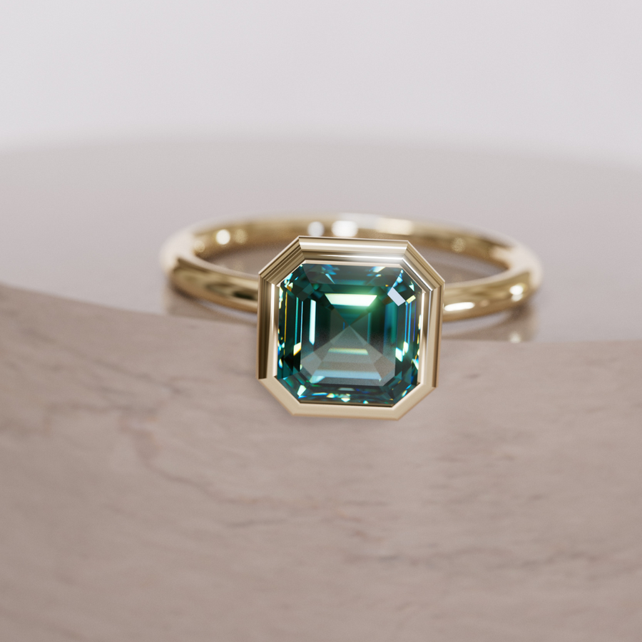 Unique Teal Sapphire Engagement Ring, Asscher Cut Bezel Set By Valley Rose