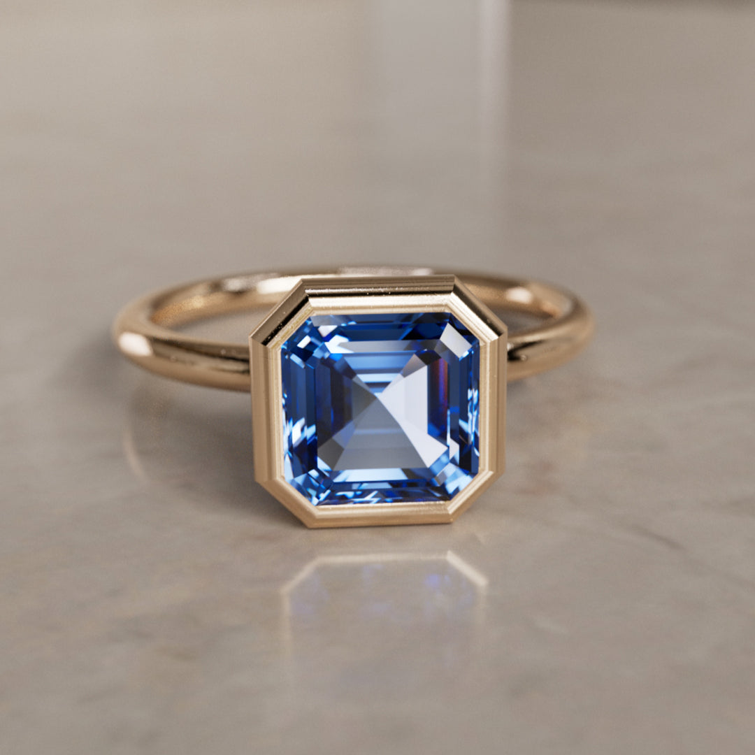 Remi Asscher Cut Blue Sapphire Modern Unique Engagement Ring Bezel Solitaire (Setting Only) By Valley Rose