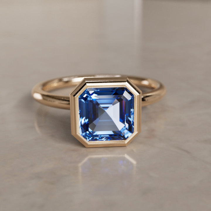 Remi Asscher Cut Blue Sapphire Modern Unique Engagement Ring Bezel Solitaire (Setting Only) By Valley Rose
