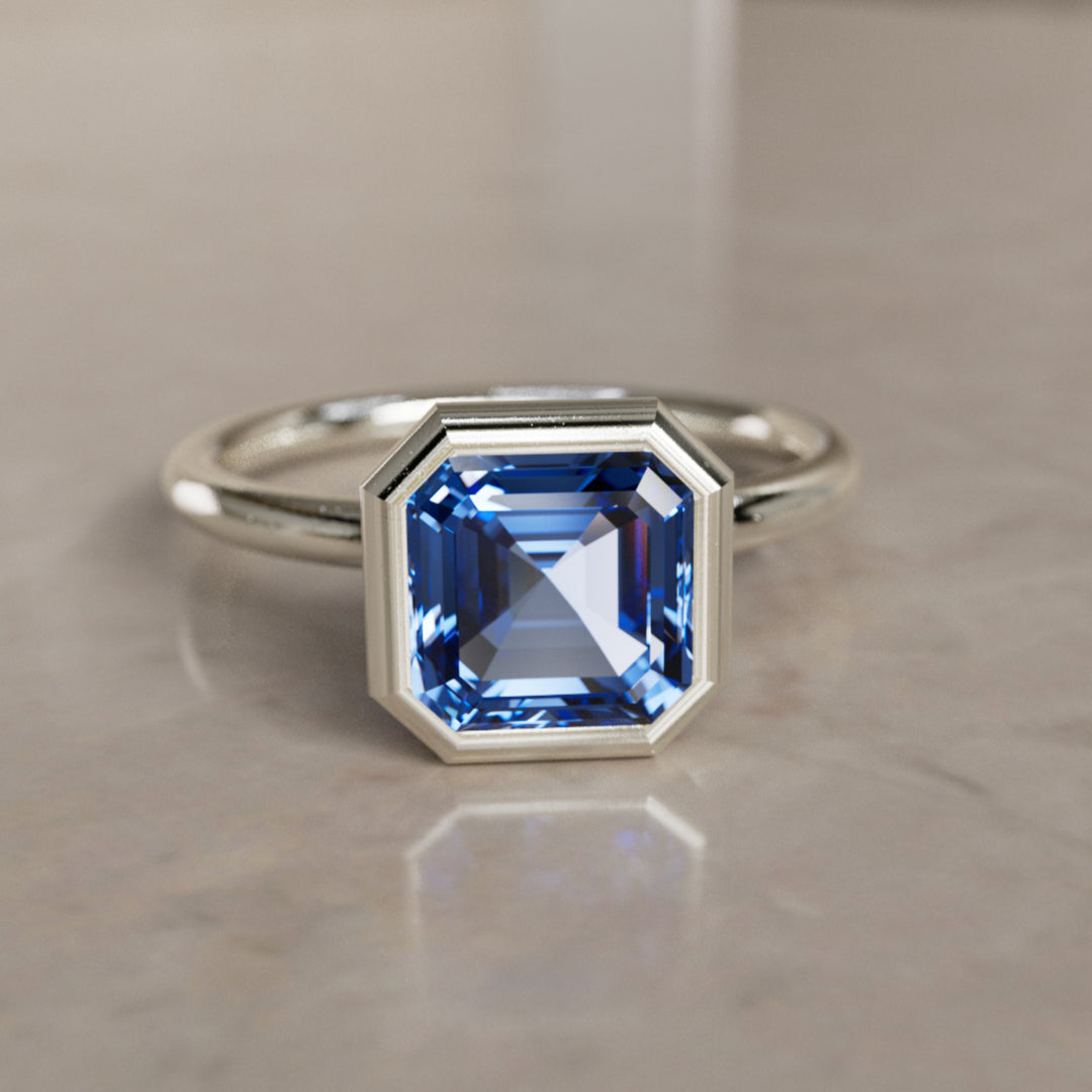 Remi Asscher Cut Blue Sapphire Modern Unique Engagement Ring Bezel Solitaire (Setting Only) By Valley Rose