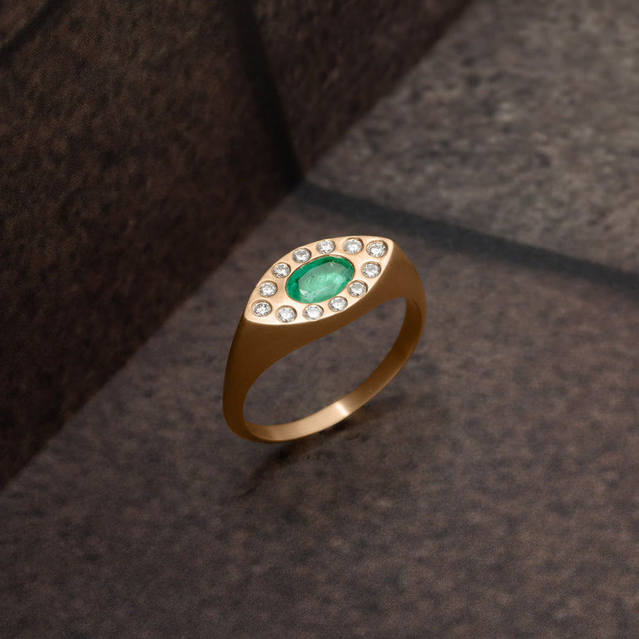 Emerald Signet Ring Eye Shaped in Gold with Diamonds By Valley Rose Ethical Jewelry