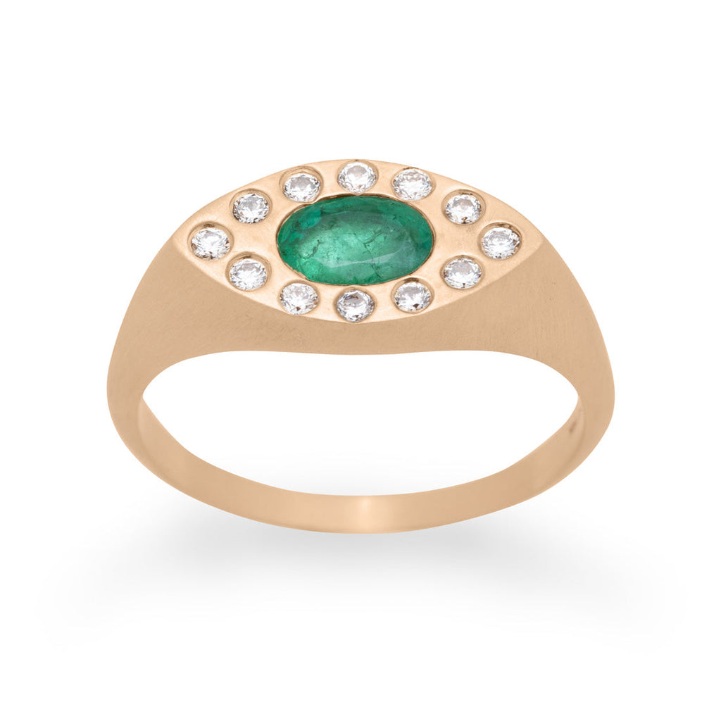 Emerald Signet Ring Eye Shaped in Gold with Diamonds By Valley Rose Ethical Jewelry