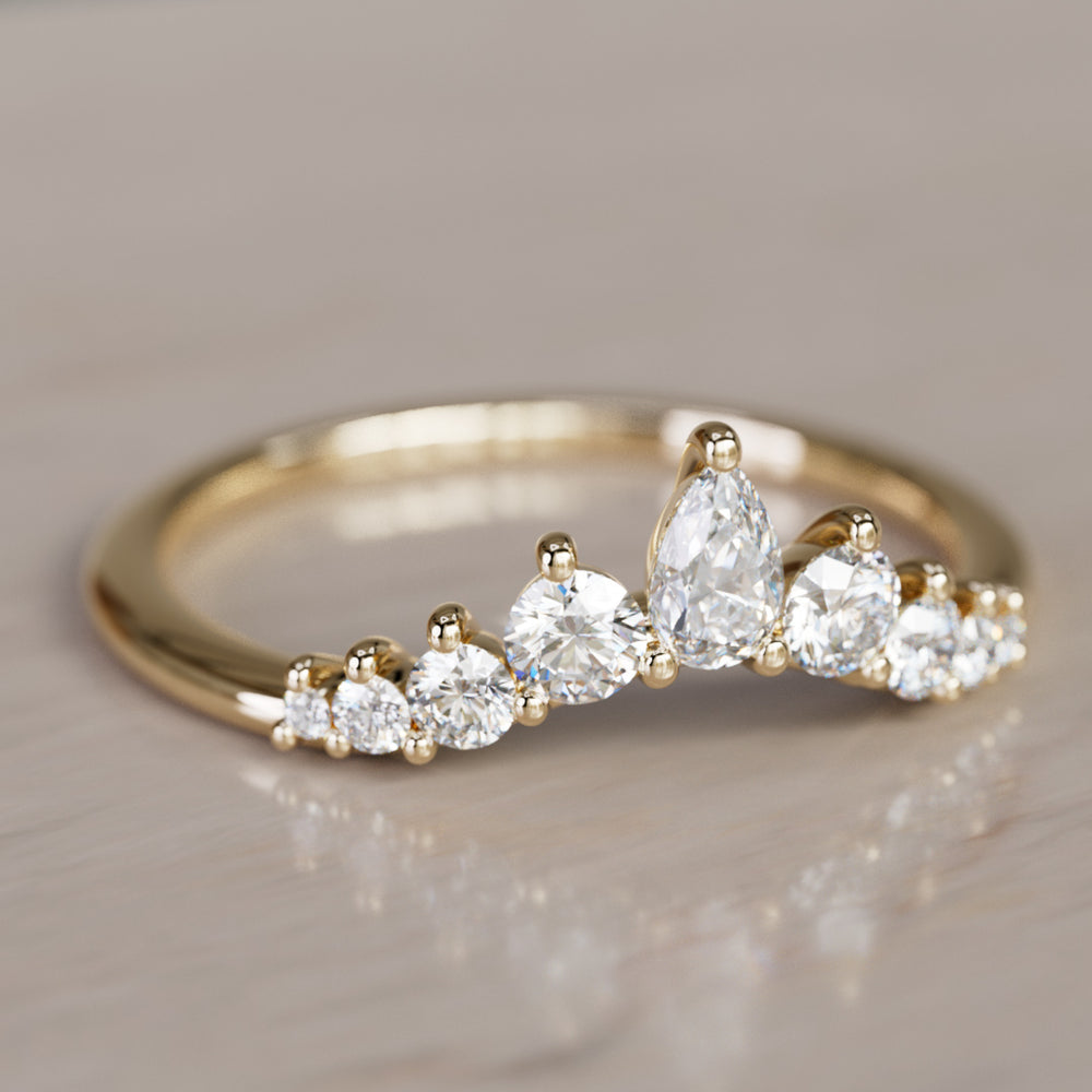 Rhia Pear Diamond Crown Stacked Diamond Curved Wedding Ring By Valley Rose