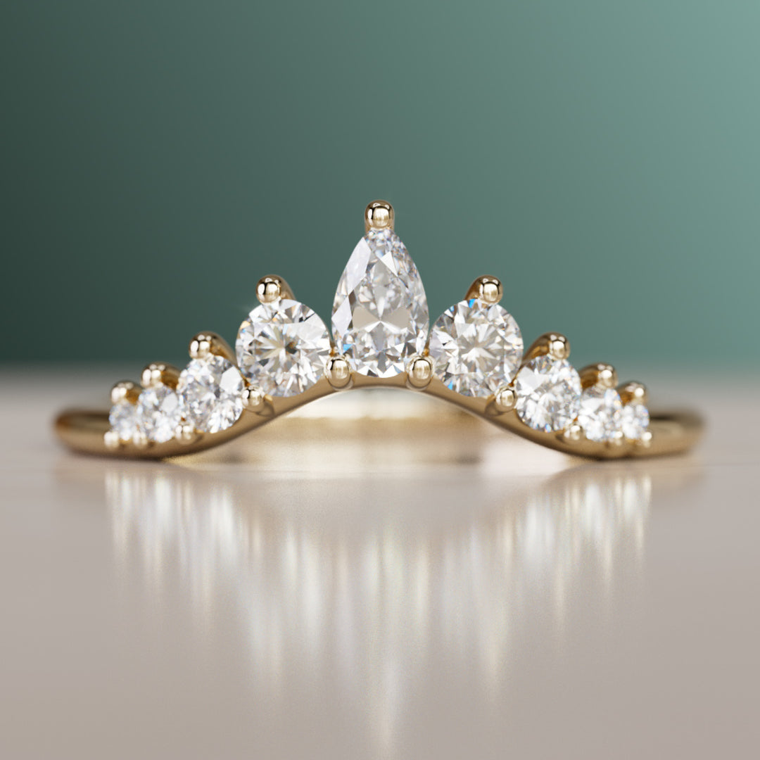 Rhia Pear Diamond Crown Stacked Diamond Curved Wedding Ring By Valley Rose