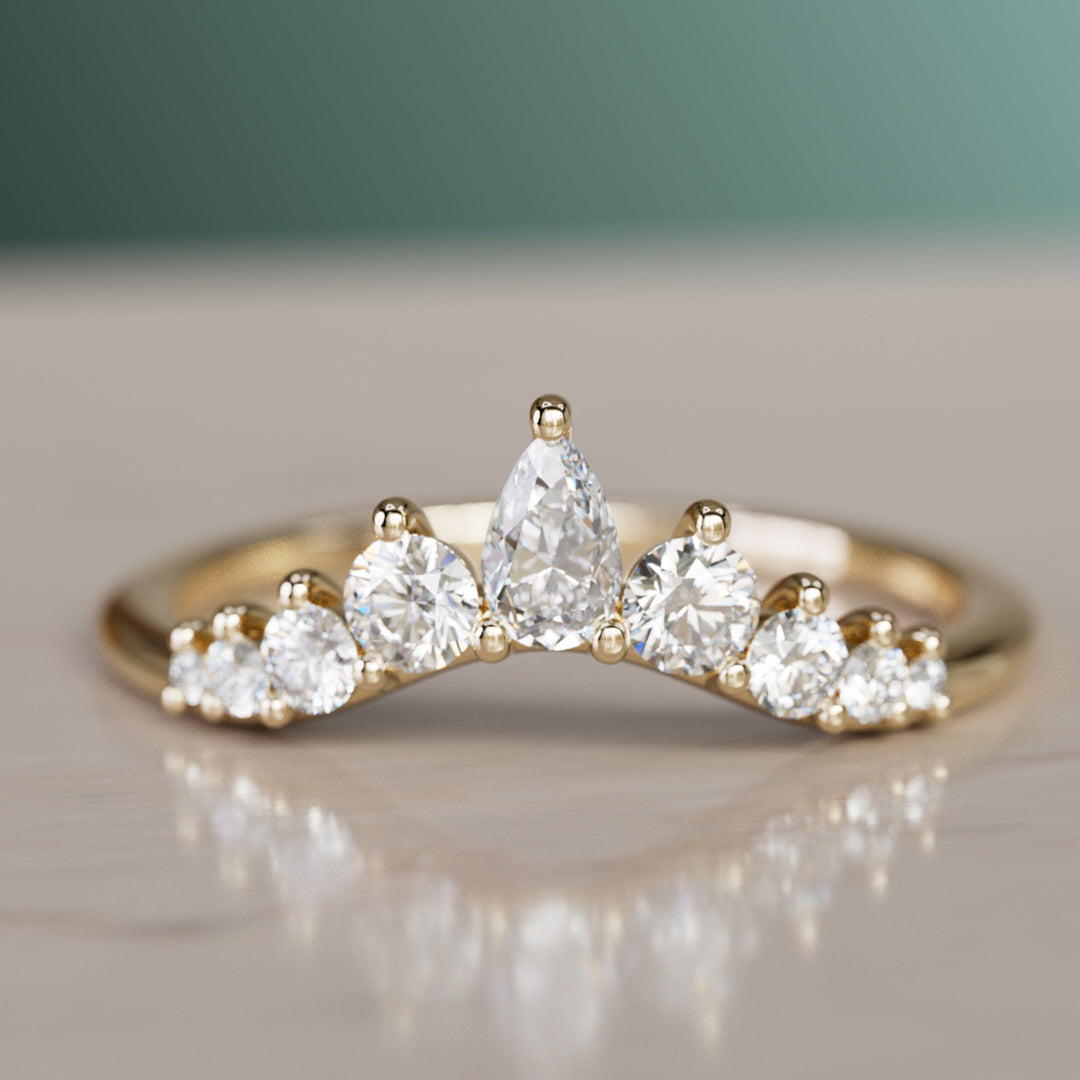 Rhia Pear Diamond Crown Stacked Diamond Curved Wedding Ring By Valley Rose