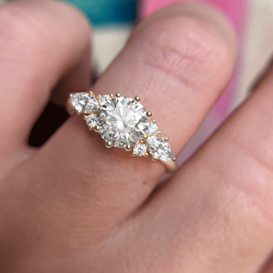 Rosalin Round Lab Diamond Unique Vintage Engagement Ring on an hand By Valley Rose
