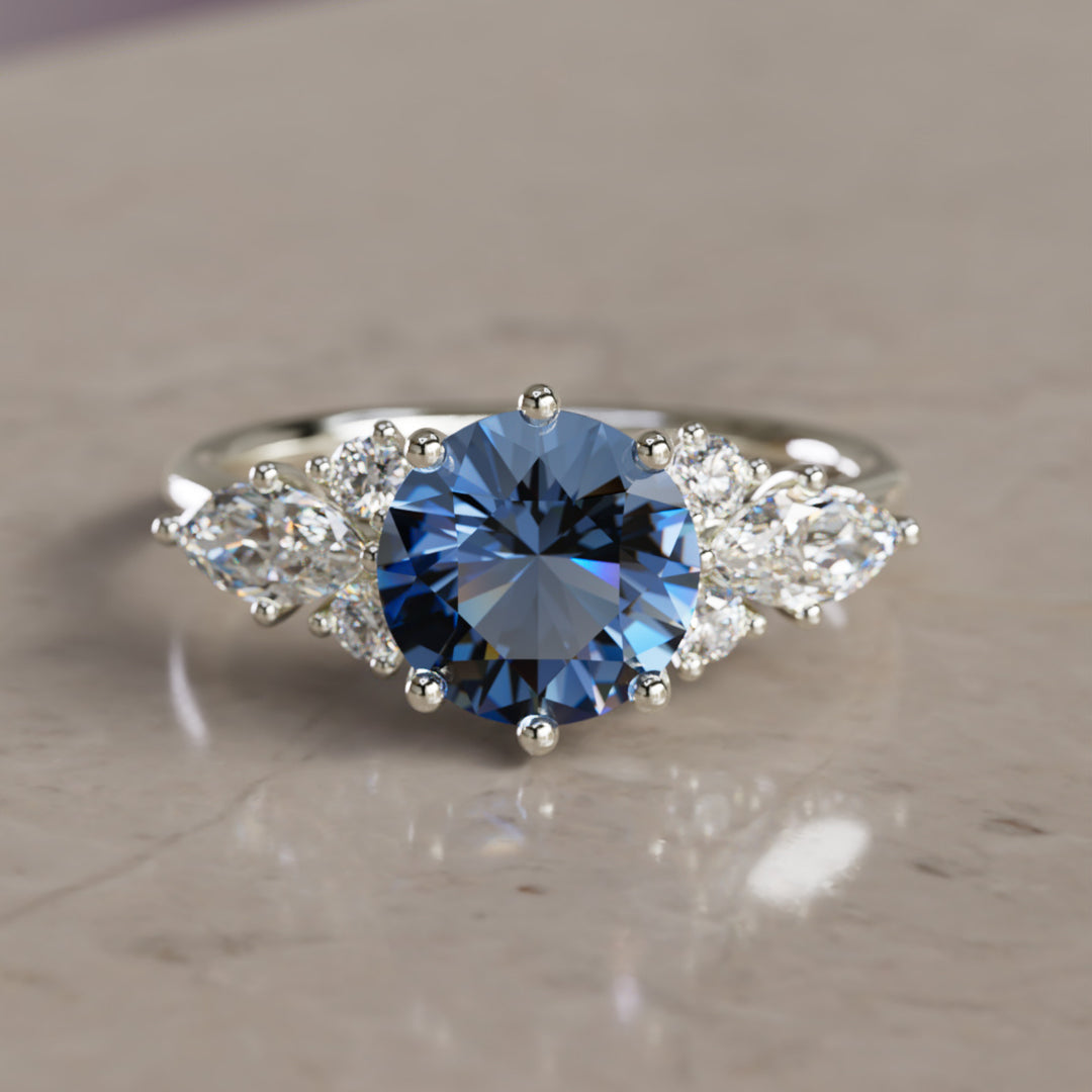 Bague de fiançailles fantaisie unique Rosalin ronde saphir bleu (monture seulement)