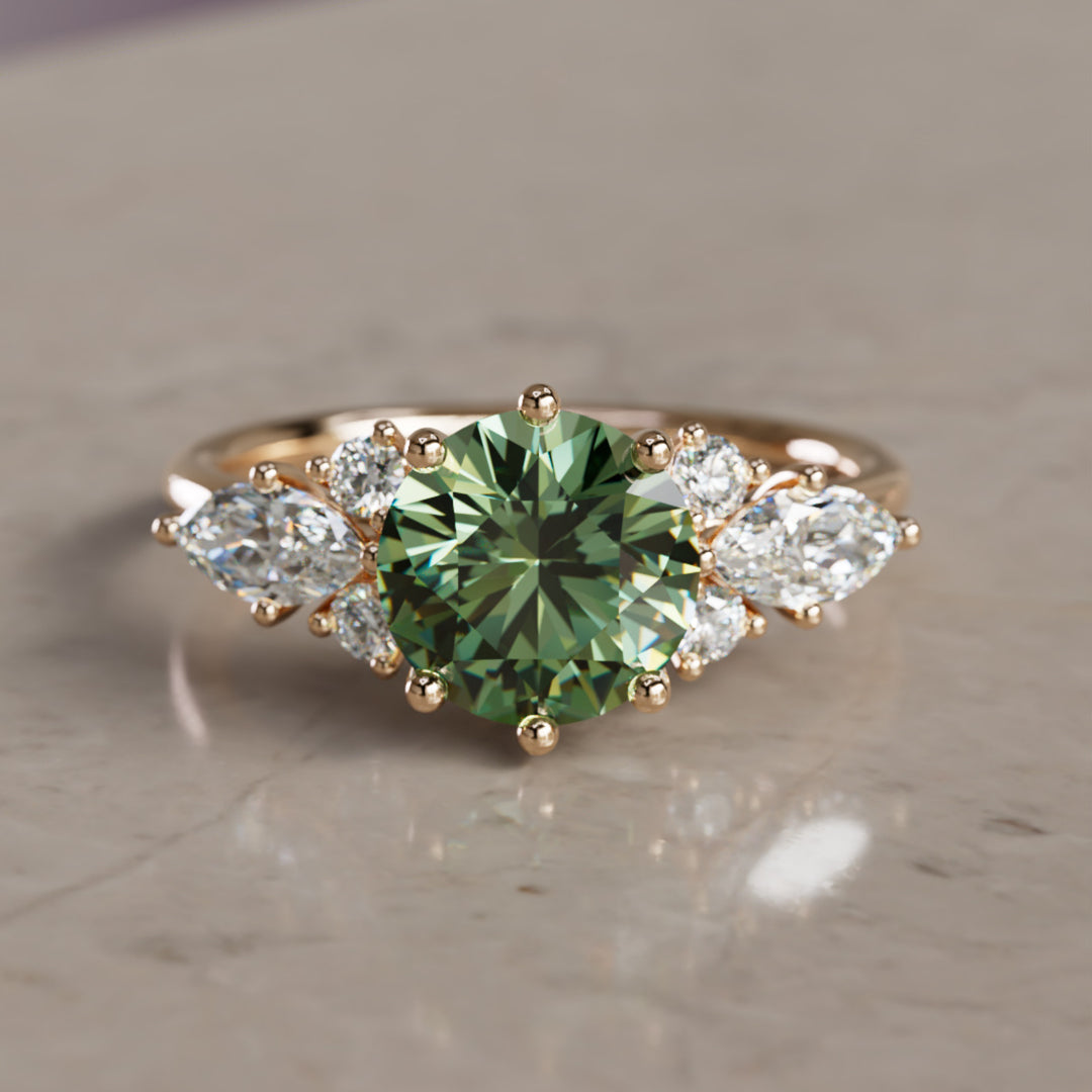 Rosalin pyöreä vihreä safiiri ainutlaatuinen fantasiakihlasormus (vain sormuksen runko)