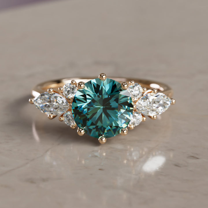 Rosalin runder tealfarbener Saphir einzigartiger Fantasy-Verlobungsring (nur Fassung)