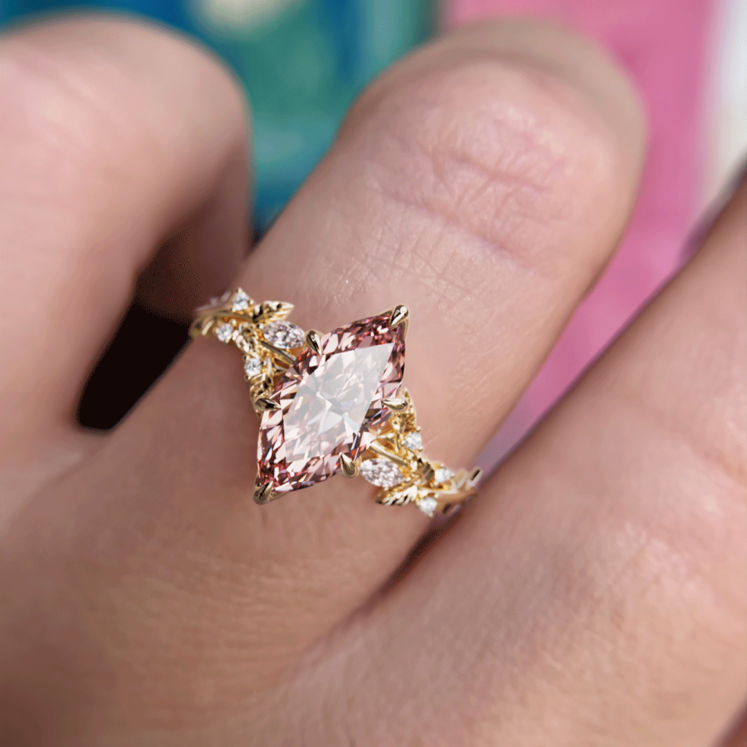 Bague de fiançailles fleur en diamant rose lab Marquise en bois de rose, inspiration nature