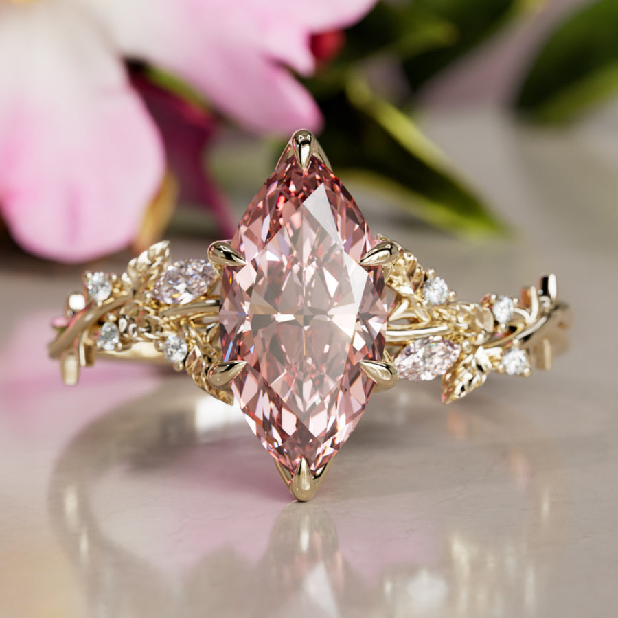 Rosewood Marquise Pink Lab Diamond Engagement Flower Ring Nature Inspired By Valley Rose