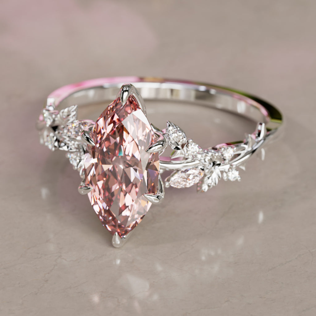 Rosewood Marquise Pink Lab Diamond Engagement Flower Ring Nature Inspired By Valley Rose