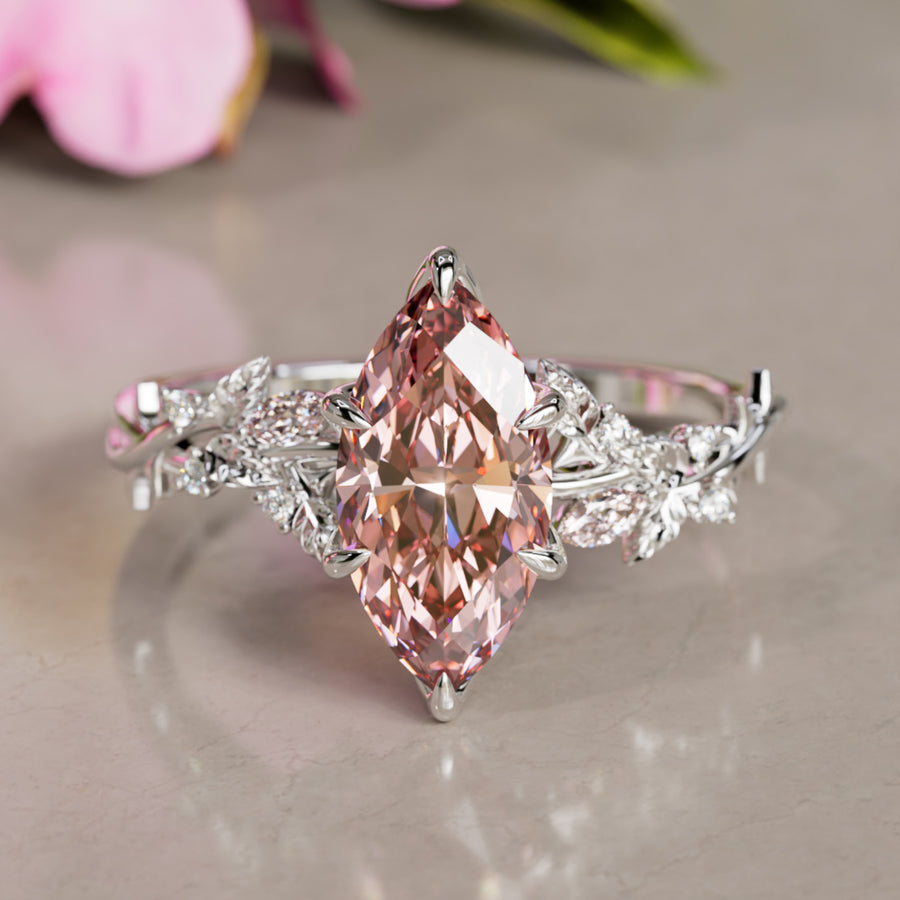 Rosewood Marquise Pink Lab Diamond Engagement Flower Ring Nature Inspired By Valley Rose