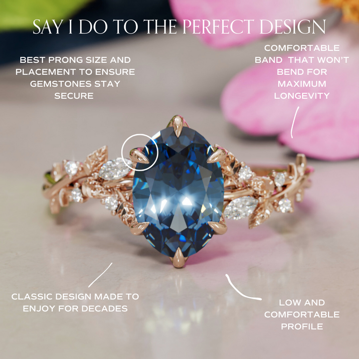 Rosewood Oval Blue Sapphire Engagement Flower Ring Nature Inspired By Valley Rose